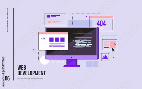 Concept of web development, programming, coding and web design. Monitor with program code on screen and open web pages. Digital industry. Innovations and technologies. Vector flat illustration. photo
