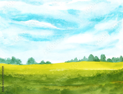 watercolor abstract landscape with clouds on blue sky and green grass. hand painted background