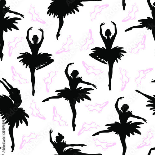Dancing ballerina silhouette seamless pattern. Performing dancer repeating background. Vector illustration for ballet textile, paper, decor. 