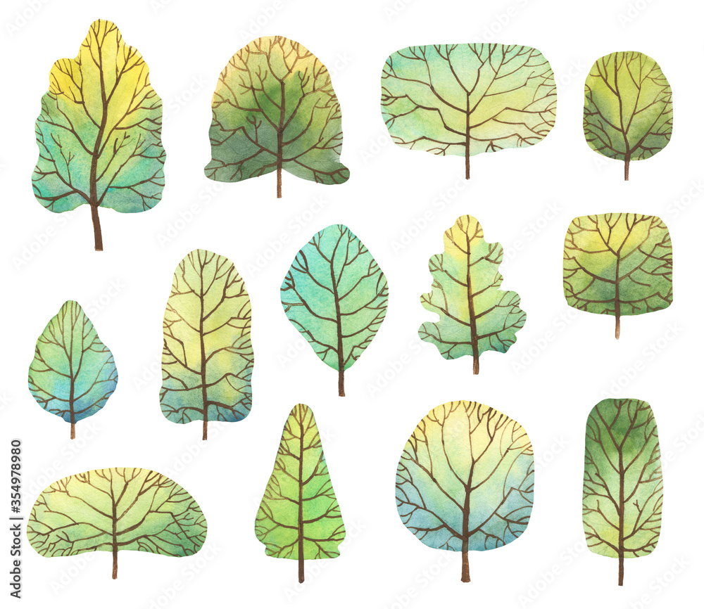 set of watercolor stylized trees isolated on white. cartoon hand painted trees with various shapes
