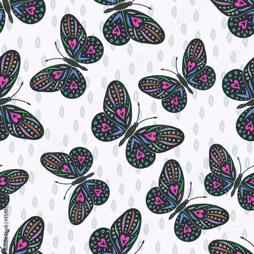 Butterfly silhouettes seamless pattern on white background. Hand drawn vector illustration in folk style for textile, party paper, wallpaper design.