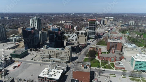 Rotation Over Downtown City Business Financial District With No People No Cars During Day Aerial Drone View photo