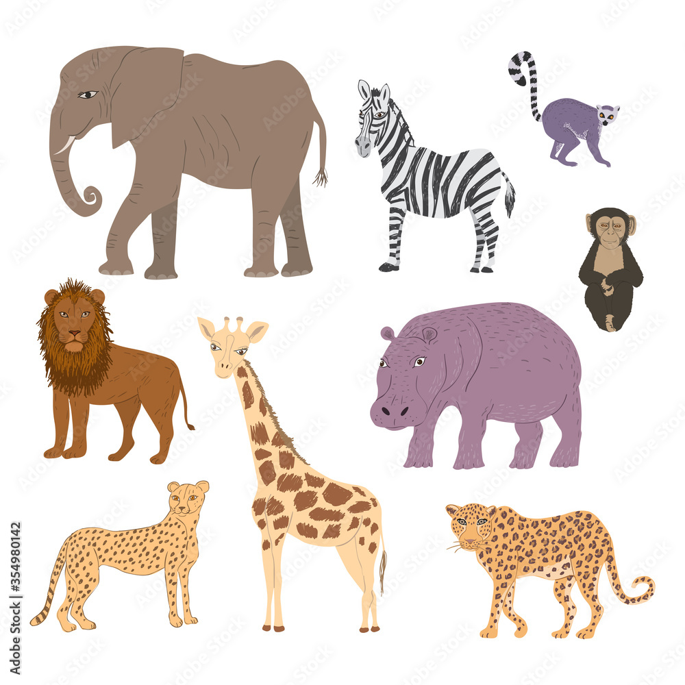 Set of drawn african wild animals. Elephant, zebra, lemur, chimpanzee, lion, cheetah, giraffe, leopard and hippo vector illustration.