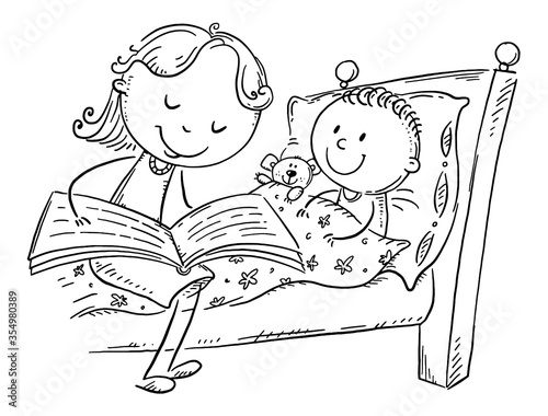 Bedtime story, mother reading to child, outline cartoon illustration