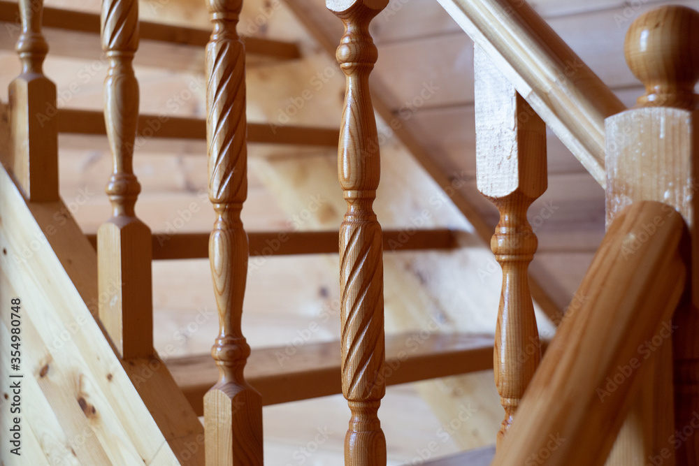Staircase from wooden element made from pine in village house Staircase from wooden element made from pine in village house