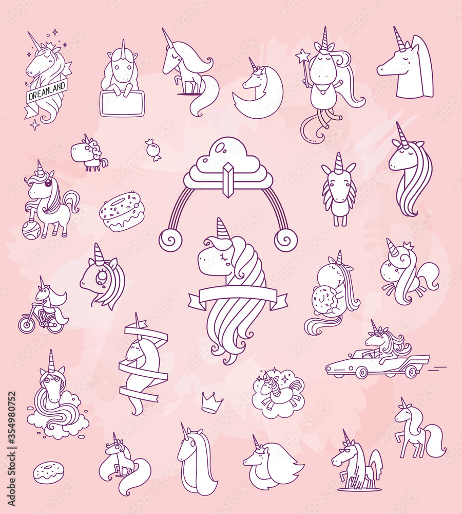 Vector set of illustration of cute magic unicorns with horn, mane, curls and ribbon on pink background.