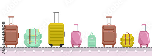 Travel suitcases and backpacks baggage claim flat illustration with clouds on the background. Concept vacation holiday, traveler luggage, baggage.
