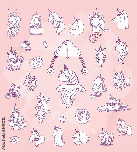 Vector set of illustration of cute magic unicorns with horn, mane, curls and ribbon on pink background.