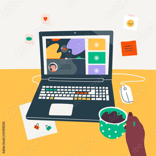 Workplace, working desk. Hand with cup. Point of view on Laptop screen. Virtual chat, online video-sharing platform. Web Entertainment concept. Hand drawn Vector illustration
