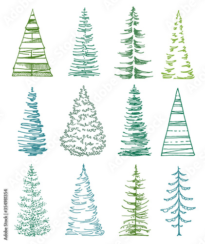 set of stylized fir trees on white. line art spruce trees with minimal design, various lines and shapes
