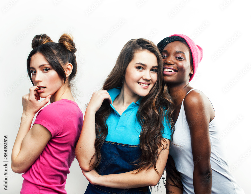diverse multi nation girls group, teenage friends company cheerful having fun, happy smiling, cute posing isolated on white background, lifestyle people concept, african-american and caucasian diverse multi nation girls group, teenage friends company cheerful having fun, happy smiling, cute posing isolated on white background, lifestyle people concept, african-american and caucasian