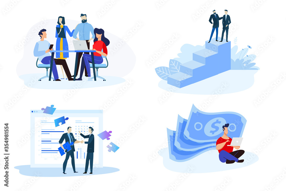 Flat design style illustrations of online earning, pay per click, consulting, partnership, our team. Vector concepts for website banner, marketing material, business presentation, online advertising.