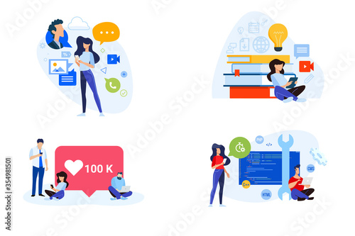 Flat design style illustrations of social media, networking, online education, website and app development. Vector concepts for website banner, marketing material, business presentation.