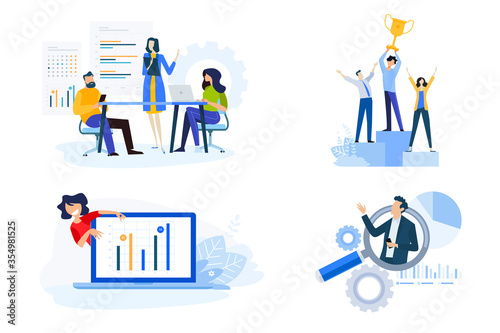 Flat design style illustrations of business presentation, market research and data analysis, success. Vector concepts for website banner, marketing material, business presentation, online advertising.