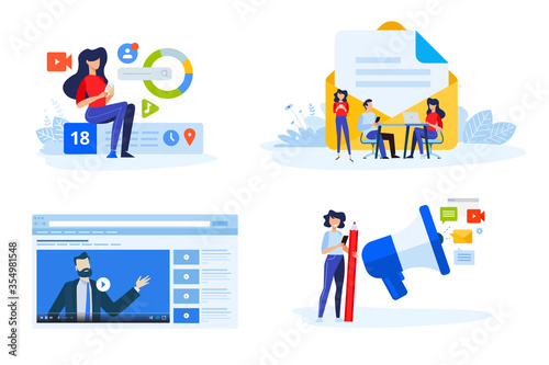 Flat design style illustrations of digital marketing, video and email marketing, social media. Vector concepts for website banner, marketing material, business presentation, online advertising.