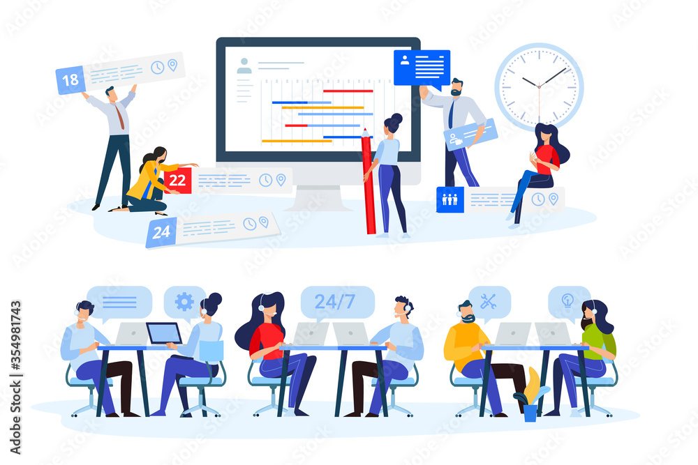 Flat design style illustrations of task management, online support, call center. Vector concepts for website banner, marketing material, business presentation, online advertising.