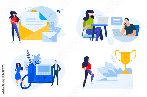Flat design style illustrations of contact, communication, support, award, aim. Vector concepts for website banner, marketing material, business presentation, online advertising.