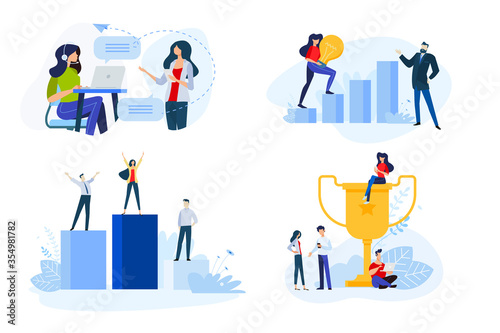 Flat design style illustrations of business success, online support. Vector concepts for website banner, marketing material, business presentation, online advertising.