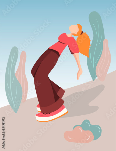 Happy girl on a walk, vector illustration in flat style. A girl in wide pants and sneakers goes down. Girl in motion