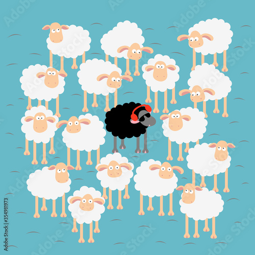 Same but different. A chilling black sheep  ,listening music, wearing a red sunglasses In a flock of white sheep. Hand drawn vector illustration on blue pastel background.