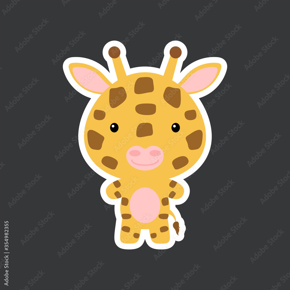 Cute funny baby giraffe sticker. African adorable animal character for design of album, scrapbook, card, poster, invitation. Cute funny baby giraffe sticker. African adorable animal character for design of album, scrapbook, card, poster, invitation.