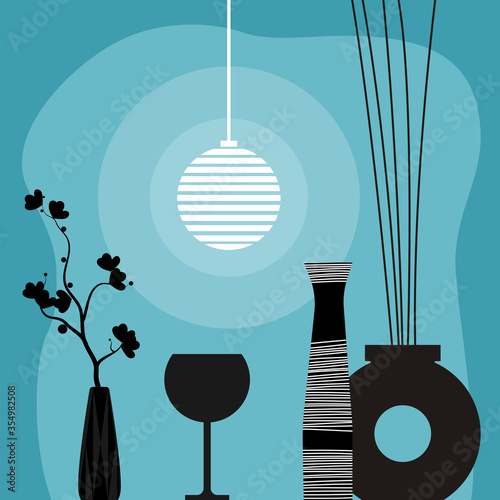 In a living room. Many objects on a table : glass of wine, Japanese flower, wooden vase, contemporary ceramic vase with joss stick. Vector illustration art on blue background.