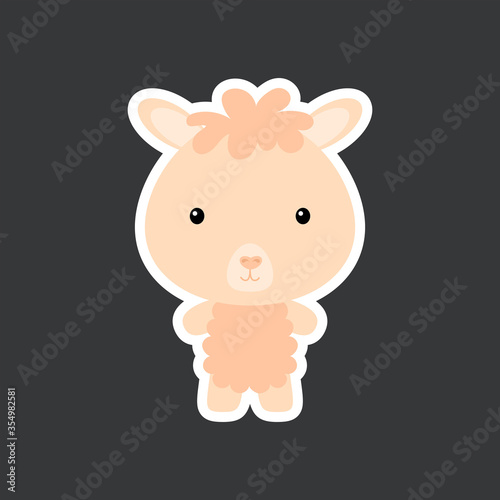 Cute funny baby alpaca sticker. Domestic adorable animal character for design of album, scrapbook, card, poster, invitation.