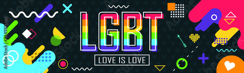 LGBT banner with modern retro abstract background design. Colorful Rainbow LGBT rights awareness campaign. Happy Pride day. Love is love. Lesbians, gays, bisexuals, transgenders, queer.