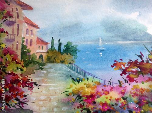 Watercolor colorful bright textured abstract background handmade . Mediterranean landscape . Painting of architecture and vegetation of the sea coast   made in the technique of watercolors from nature