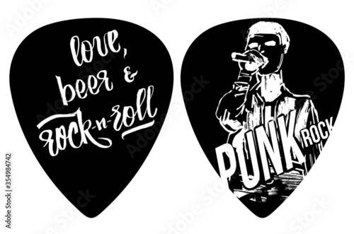 Love, beer and rock-n-roll lettering and punk rock hand drawn back. Guitar signature pick/mediator design.