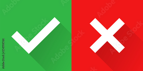 Checkmark cross sign with shadow. Vector isolated icons signs. Checklist mark icon vector. Red checkmark on green background. EPS 10