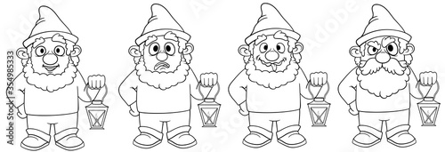 Coloring book with cartoon gnomes with a lantern is a set of four characters. Isolated on a white background. Stock illustration