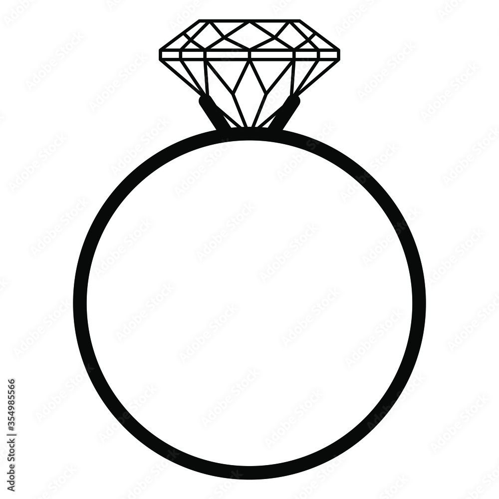Engagement finger ring with faceted diamond. Black and white silhouette.  Simple symbol icon. Stock Vector | Adobe Stock