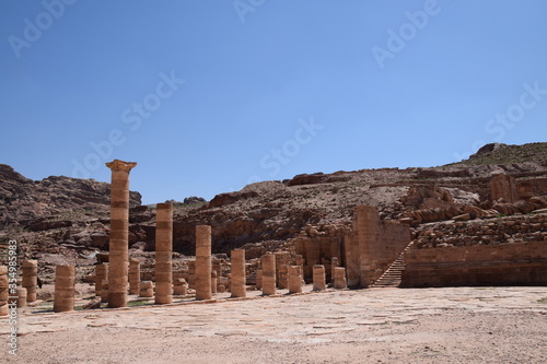 The ruins of the great temple with walls, stairs and columns in Petra, Wadi Musa, Jordan