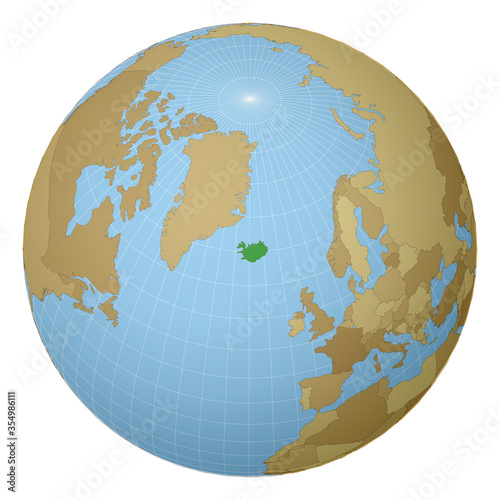 Globe centered to Iceland. Country highlighted with green color on world map. Satellite projection view. Vector illustration.