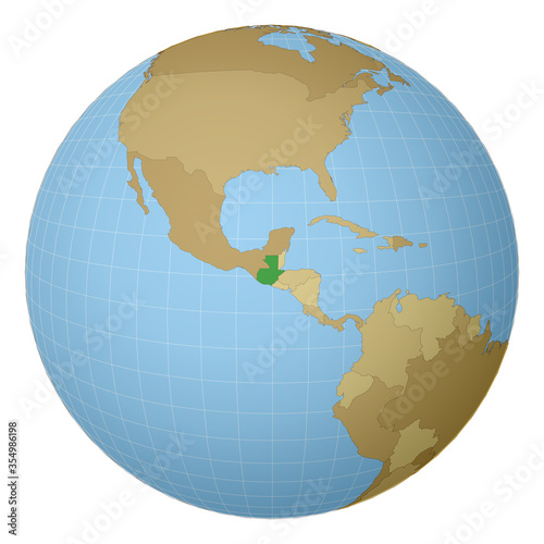Globe centered to Guatemala. Country highlighted with green color on world map. Satellite projection view. Vector illustration.