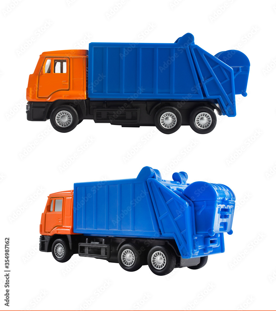 Isolated toy garbage truck side view.