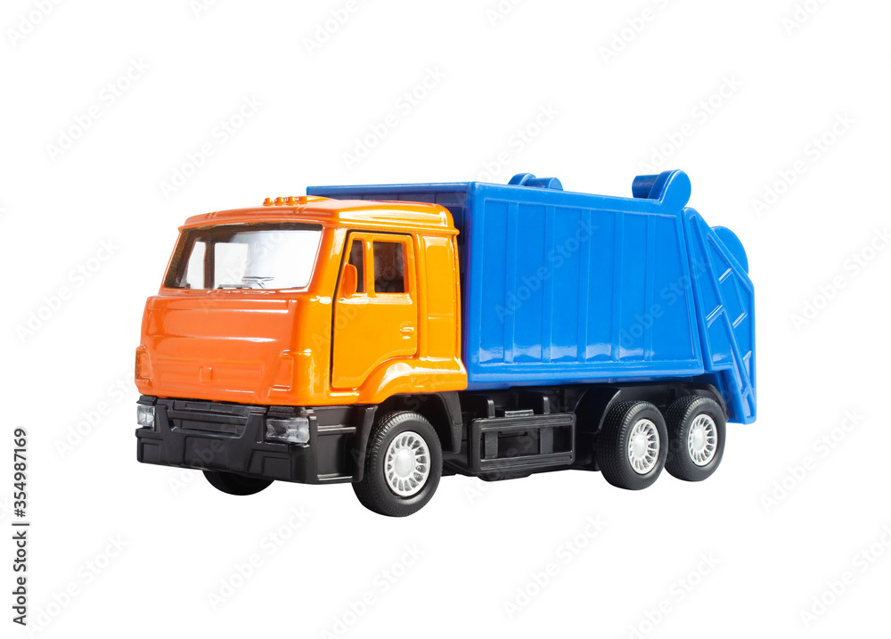 Isolated toy garbage truck angle view.