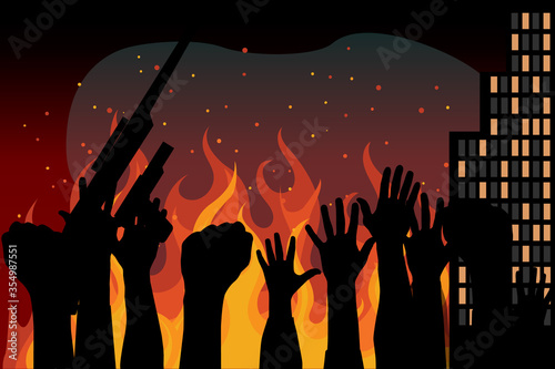 Protests and pogroms in the city. Robbery, murder and fire. Vector illustration photo