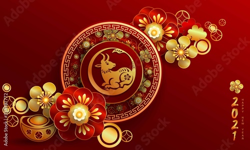 Happy new year 2021 / Chinese new year / Year of the ox / Zodiac sign for greetings card, invitation, posters, brochure, calendar, flyers, banners.