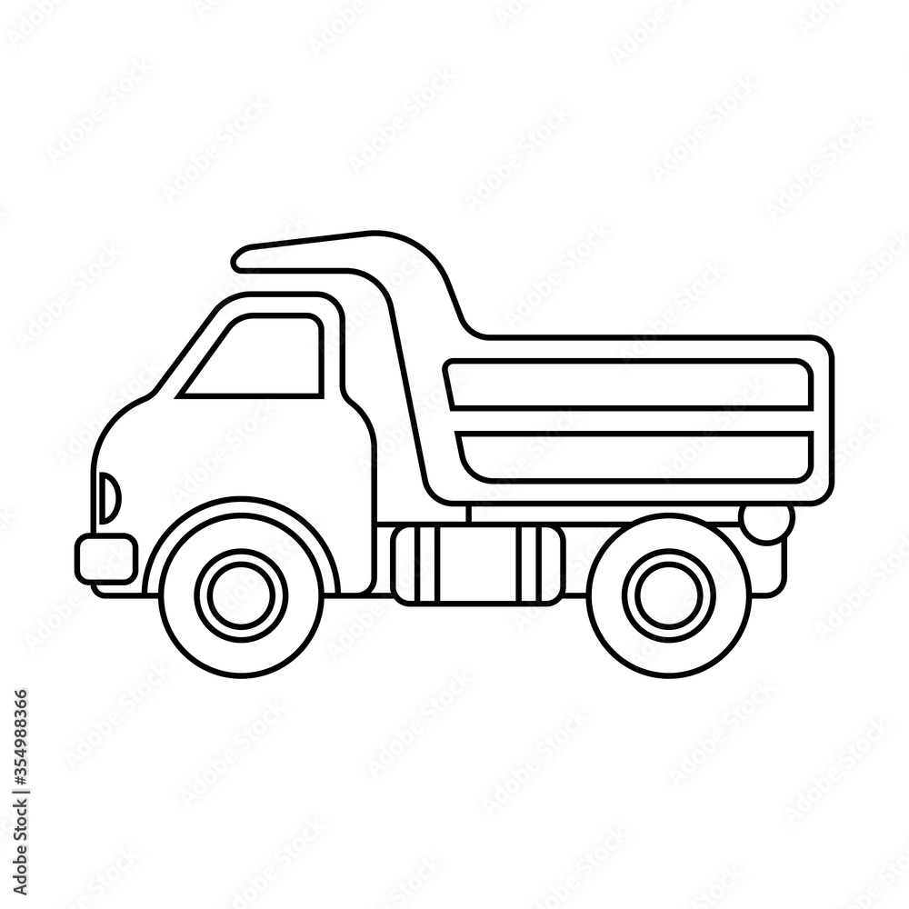 Dump truck icon. Side view. Black contour silhouette. Cartoon coloring. Vector linear flat graphic illustration. Isolated object on a white background. Isolate.