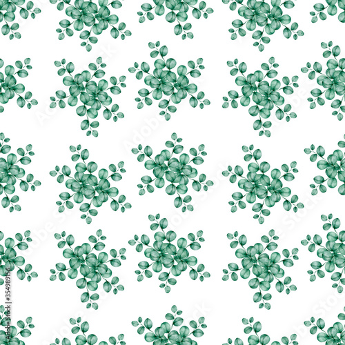 Seamless pattern green floral leaves. Hand drawn watercolor illustration on white background