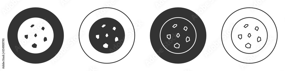 Black Cookie or biscuit with chocolate icon isolated on white background. Circle button. Vector Illustration Black Cookie or biscuit with chocolate icon isolated on white background. Circle button. Vector Illustration