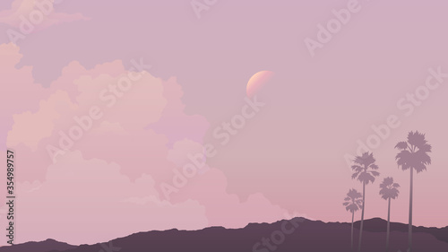 Aesthetic illustration of soft pastel mellow purple and pink mountain view cosmic landscape with clouds, nostalgic retrowave / vaporwave VHS 80s vibes