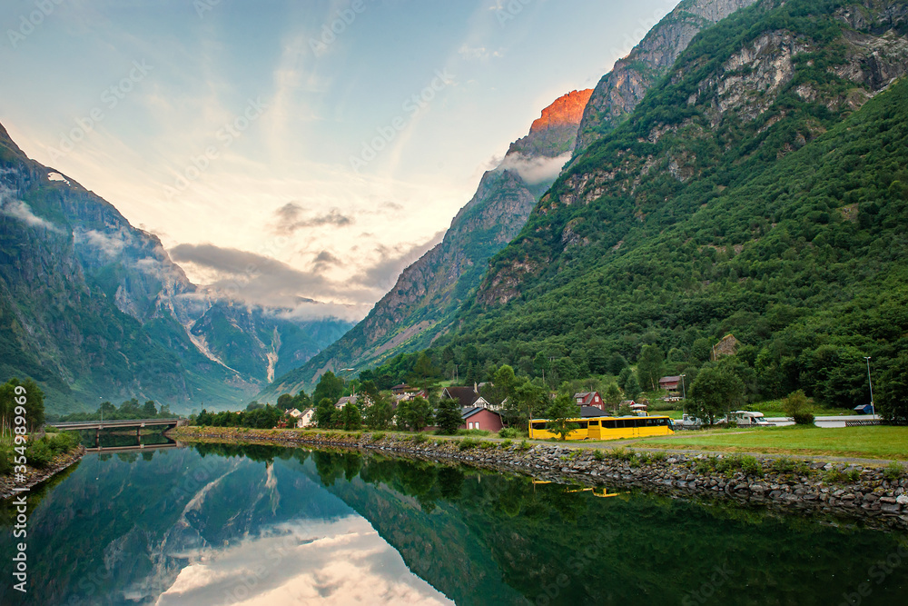 Beautiful idyllic mountain landscape. Gudvangen, a popular tourist village located at the beginning of Naeroyfjord