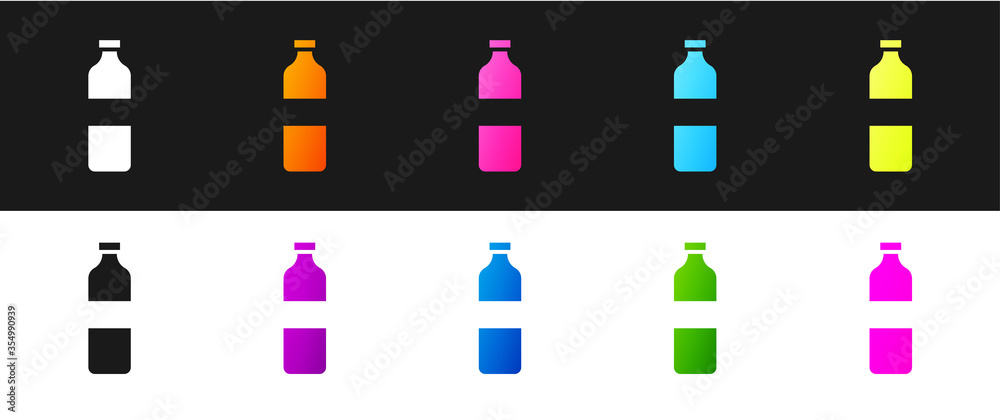 Set Bottle of water icon isolated on black and white background. Soda aqua drink sign. Vector Illustration
