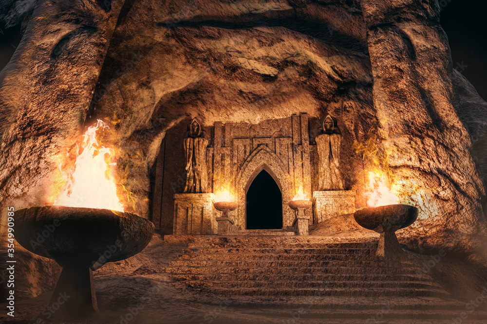3d illustration fantasy temple entrance with skeleton monk statues and torches in desert cave. - obrazy, fototapety, plakaty 