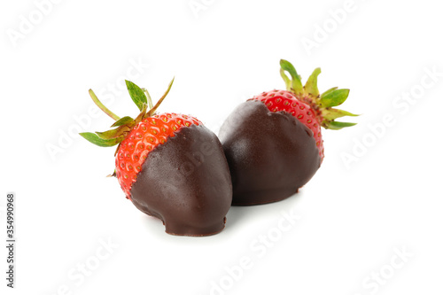 Chocolate fondue. Strawberry in chocolate isolated on white background