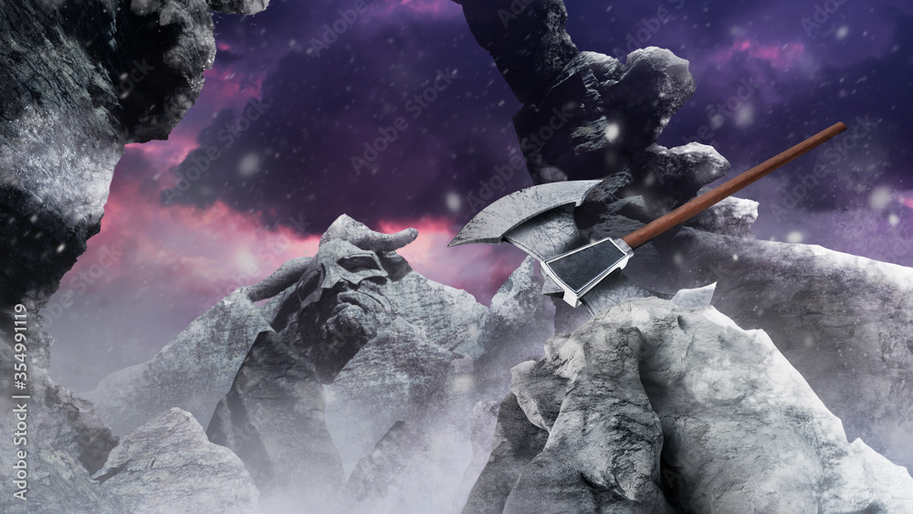 Fototapeta premium Fantasy viking winter mountain valley with axe.
