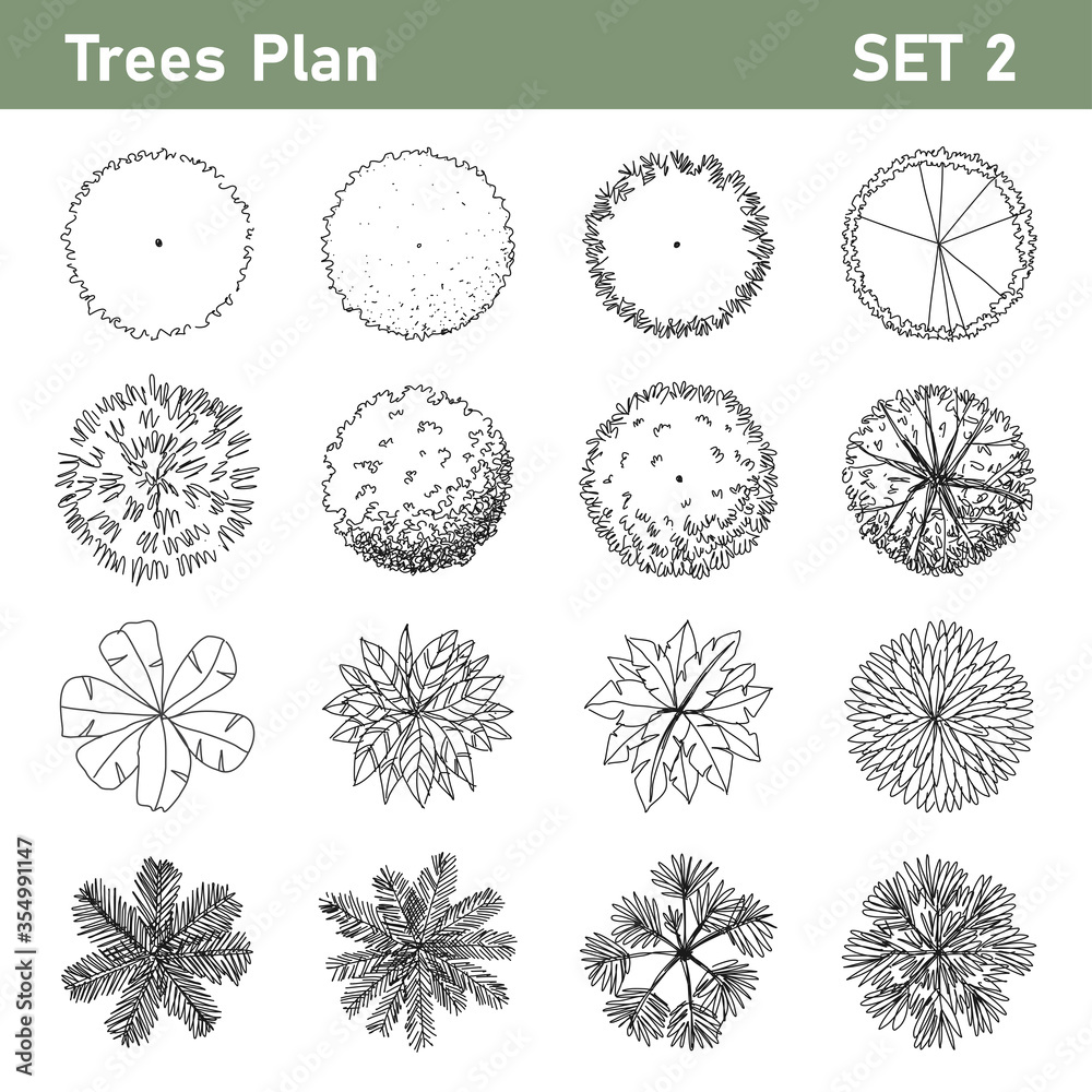 Tree top, tree plan - free hand drawn doodle top view trees for landscape plan. Can change the stroke line Tree top, tree plan - free hand drawn doodle top view trees for landscape plan. Can change the stroke line
